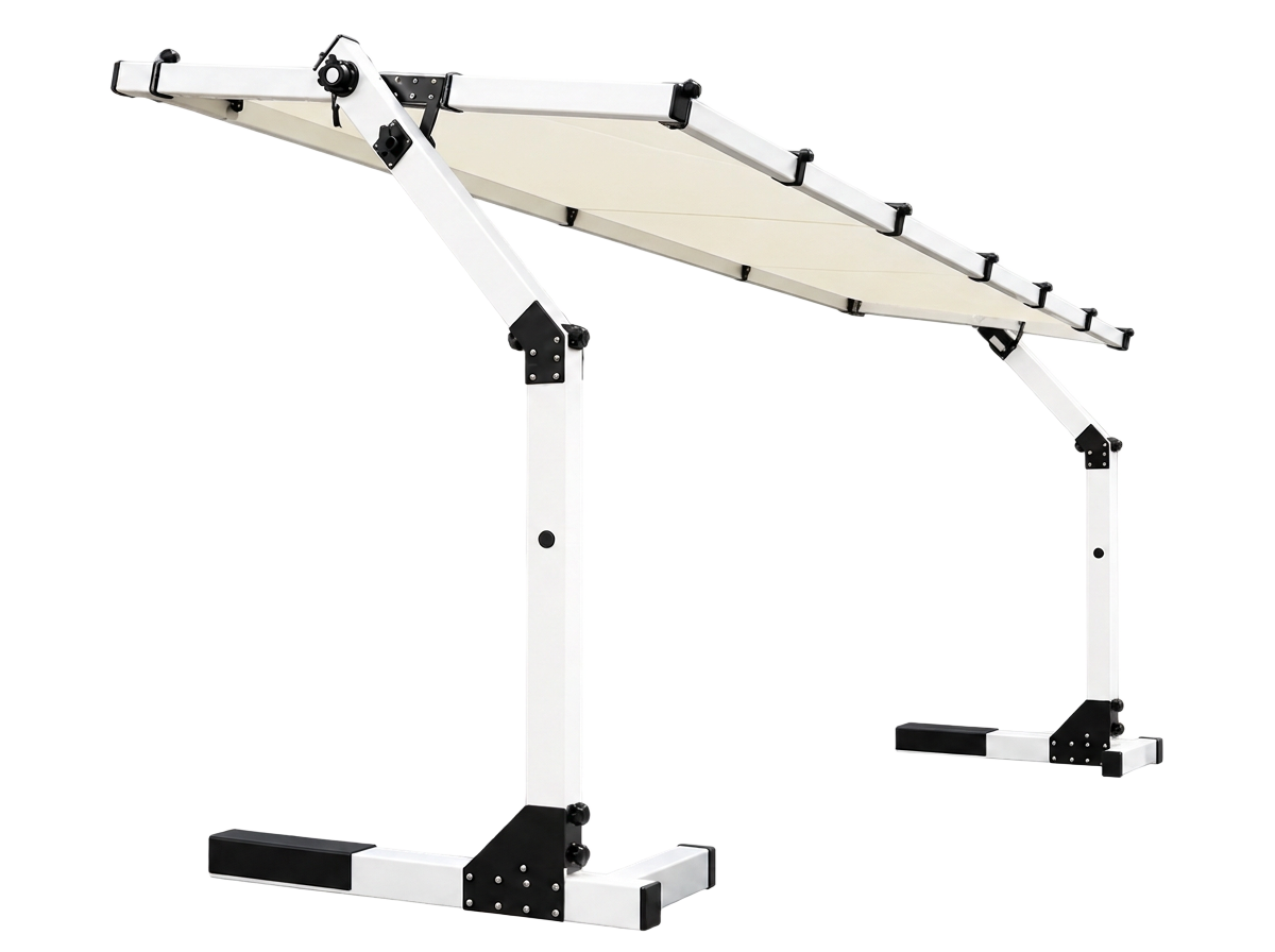 Podium Shades freestanding cantilever shade frame with white aluminum uprights, black weighted bases, and extended cream canopy
